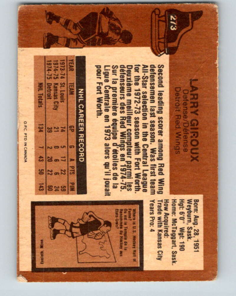 1975-76 O-Pee-Chee #273 Larry Giroux RC Rookie Detroit Red Wings V6392