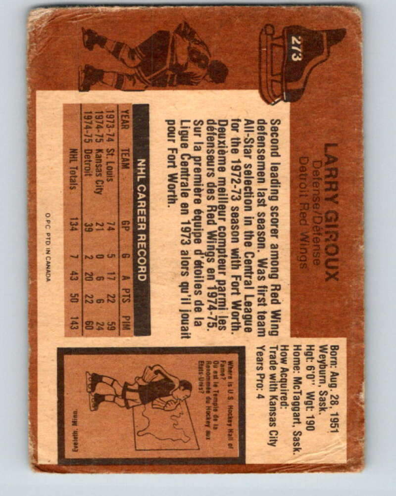 1975-76 O-Pee-Chee #273 Larry Giroux RC Rookie Detroit Red Wings V6393