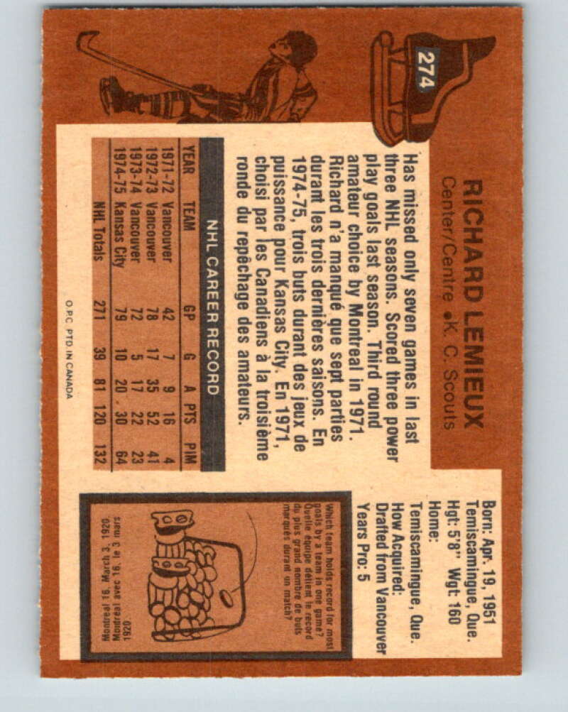 1975-76 O-Pee-Chee #274 Richard Lemieux Kansas City Scouts V6395