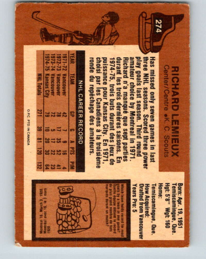 1975-76 O-Pee-Chee #274 Richard Lemieux Kansas City Scouts V6396