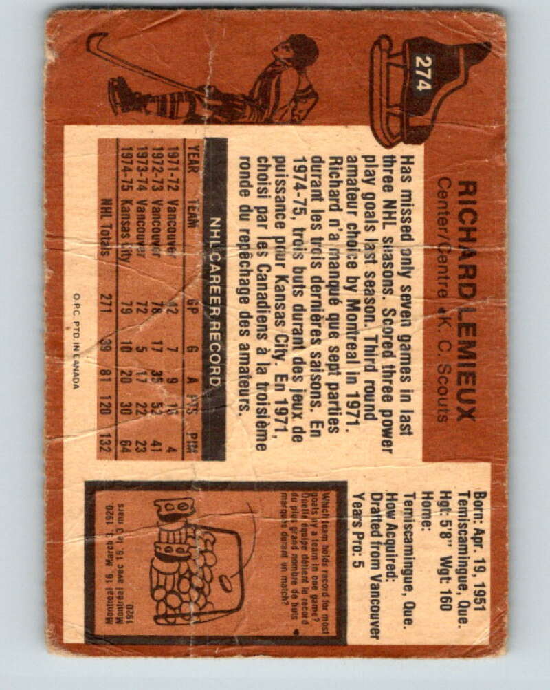 1975-76 O-Pee-Chee #274 Richard Lemieux Kansas City Scouts V6397