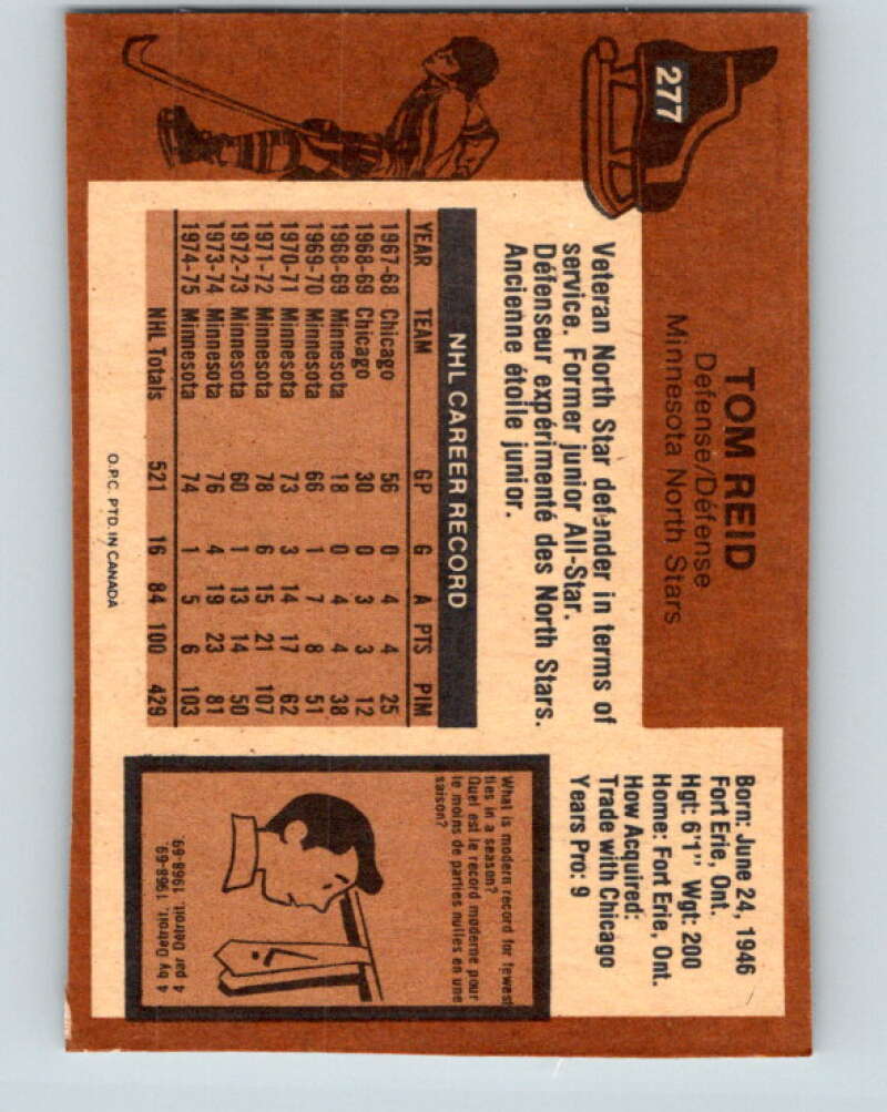 1975-76 O-Pee-Chee #277 Tom Reid Minnesota North Stars V6411