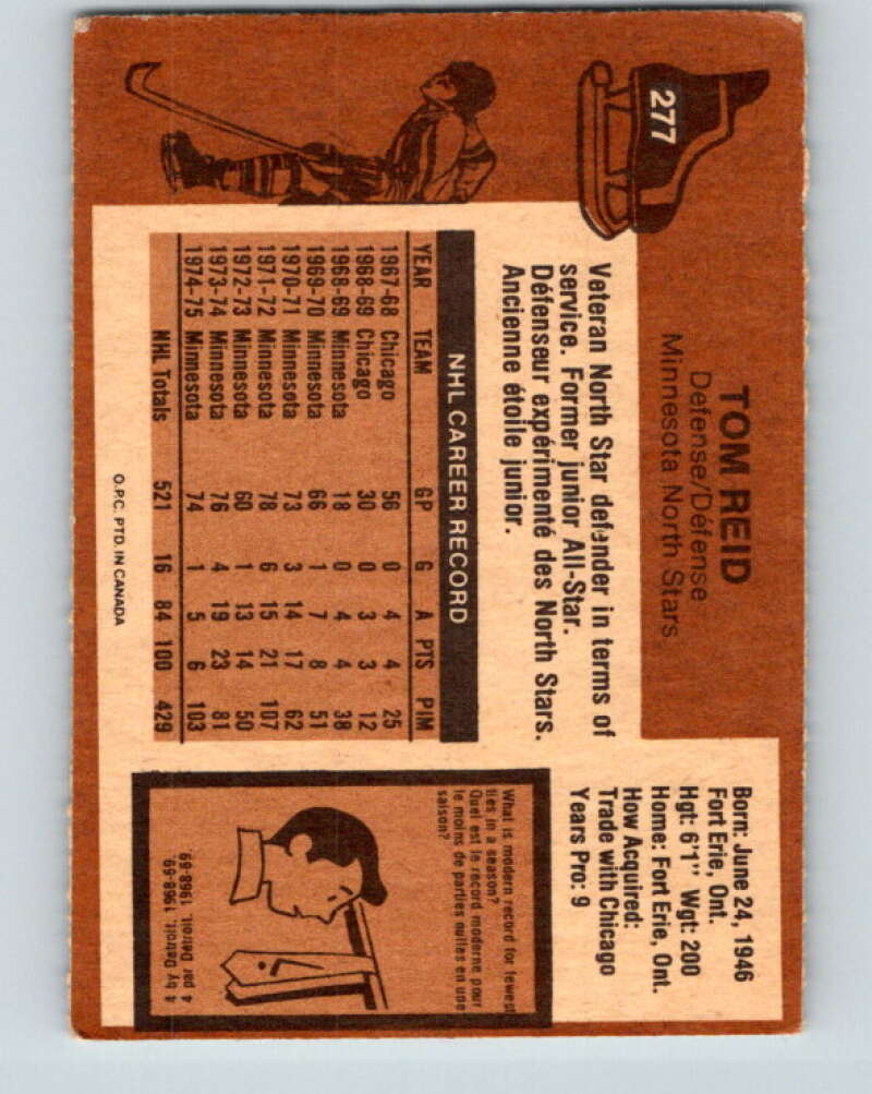 1975-76 O-Pee-Chee #277 Tom Reid Minnesota North Stars V6412
