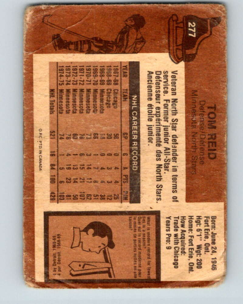 1975-76 O-Pee-Chee #277 Tom Reid Minnesota North Stars V6413