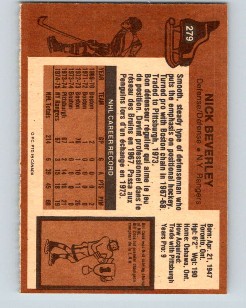 1975-76 O-Pee-Chee #279 Nick Beverley New York Rangers V6421