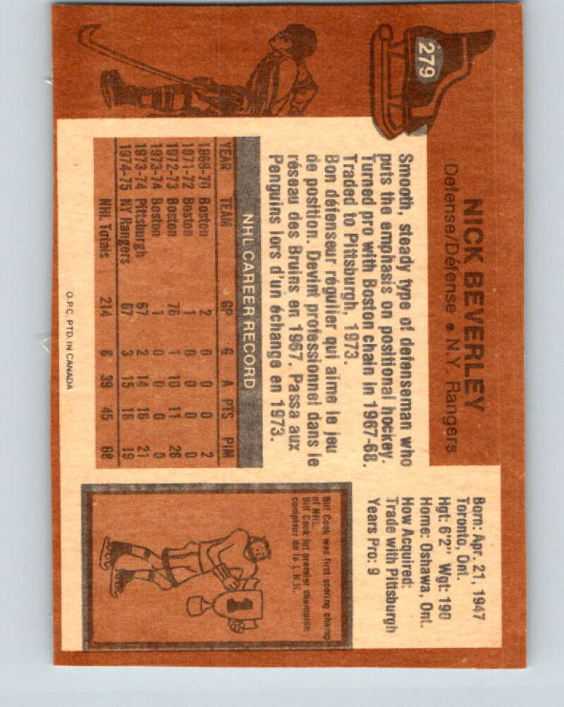 1975-76 O-Pee-Chee #279 Nick Beverley New York Rangers V6423