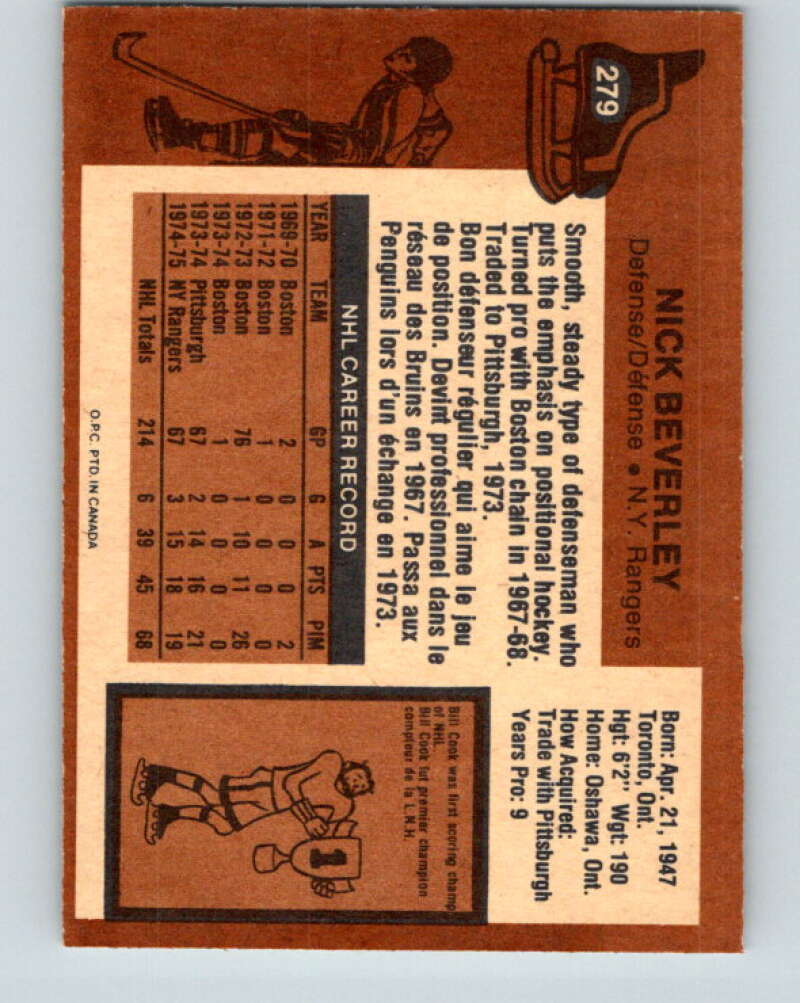 1975-76 O-Pee-Chee #279 Nick Beverley New York Rangers V6424