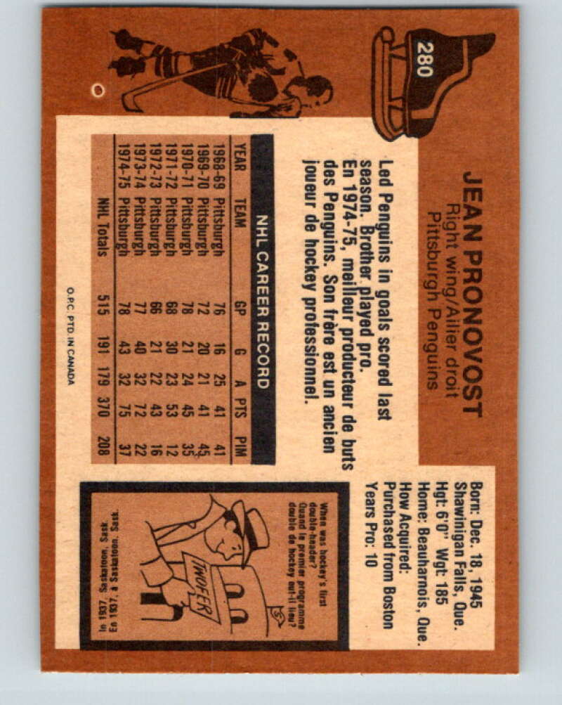1975-76 O-Pee-Chee #280 Jean Pronovost Pittsburgh Penguins V6428
