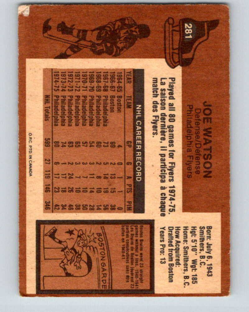 1975-76 O-Pee-Chee #281 Joe Watson Philadelphia Flyers V6430