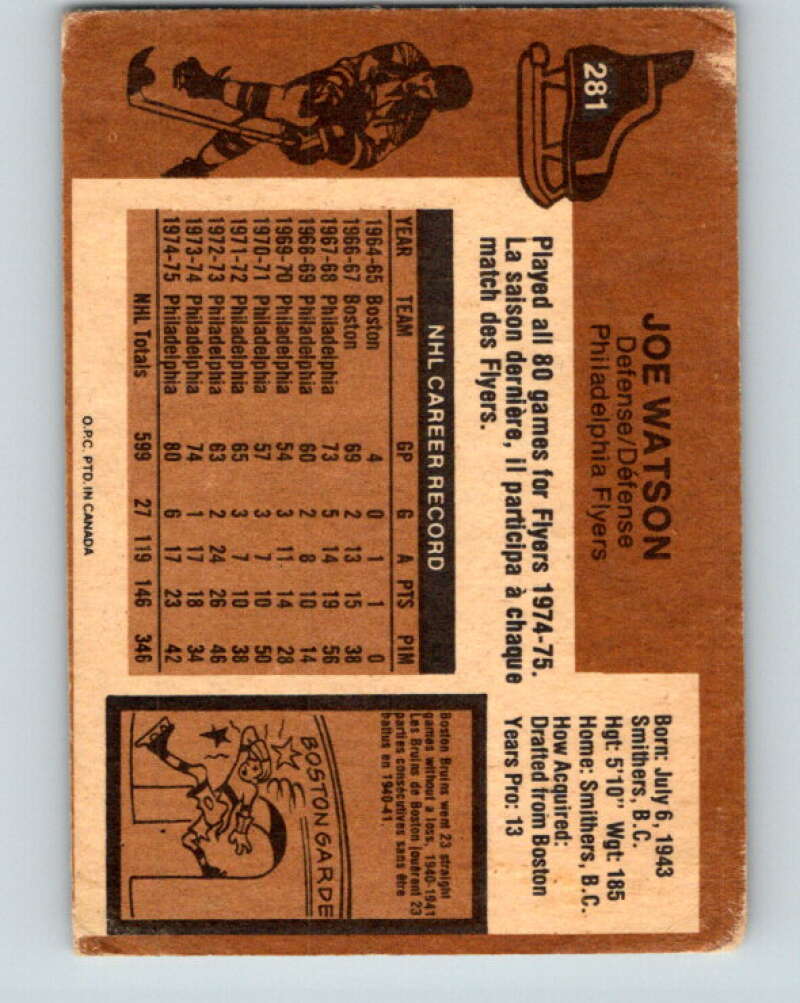 1975-76 O-Pee-Chee #281 Joe Watson Philadelphia Flyers V6433