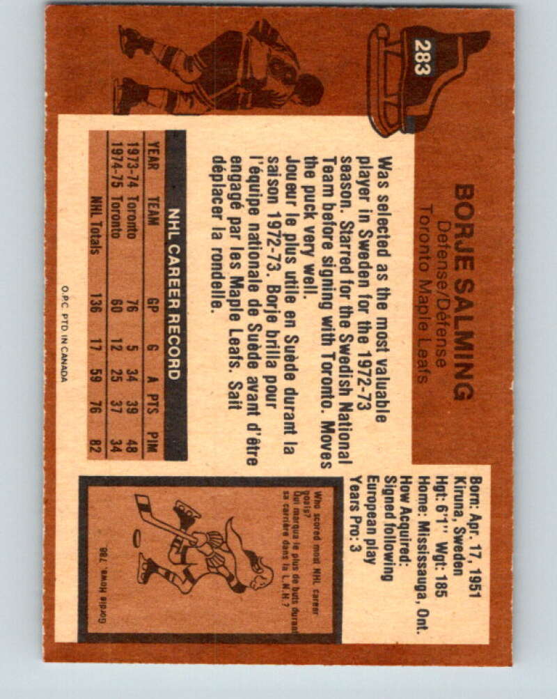 1975-76 O-Pee-Chee #283 Borje Salming Toronto Maple Leafs V6437