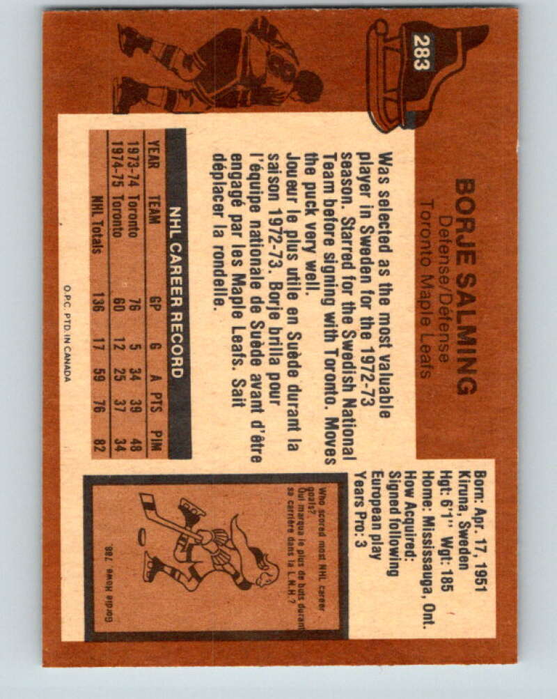 1975-76 O-Pee-Chee #283 Borje Salming Toronto Maple Leafs V6438
