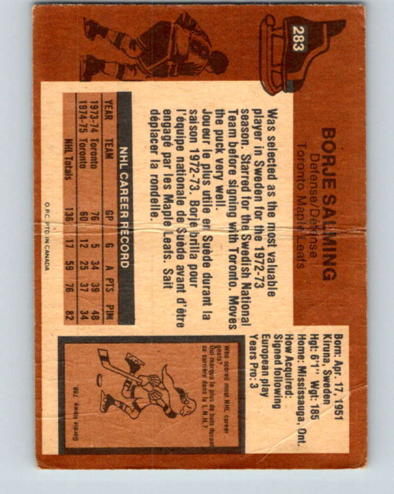1975-76 O-Pee-Chee #283 Borje Salming Toronto Maple Leafs V6441