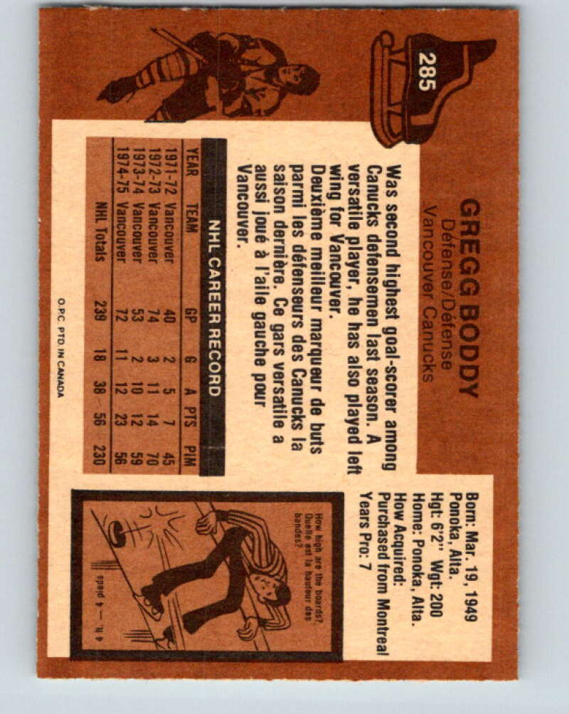 1975-76 O-Pee-Chee #285 Gregg Boddy Vancouver Canucks V6448