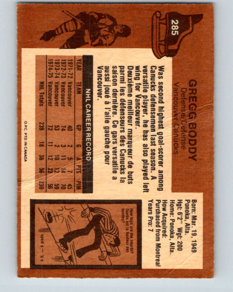1975-76 O-Pee-Chee #285 Gregg Boddy Vancouver Canucks V6450