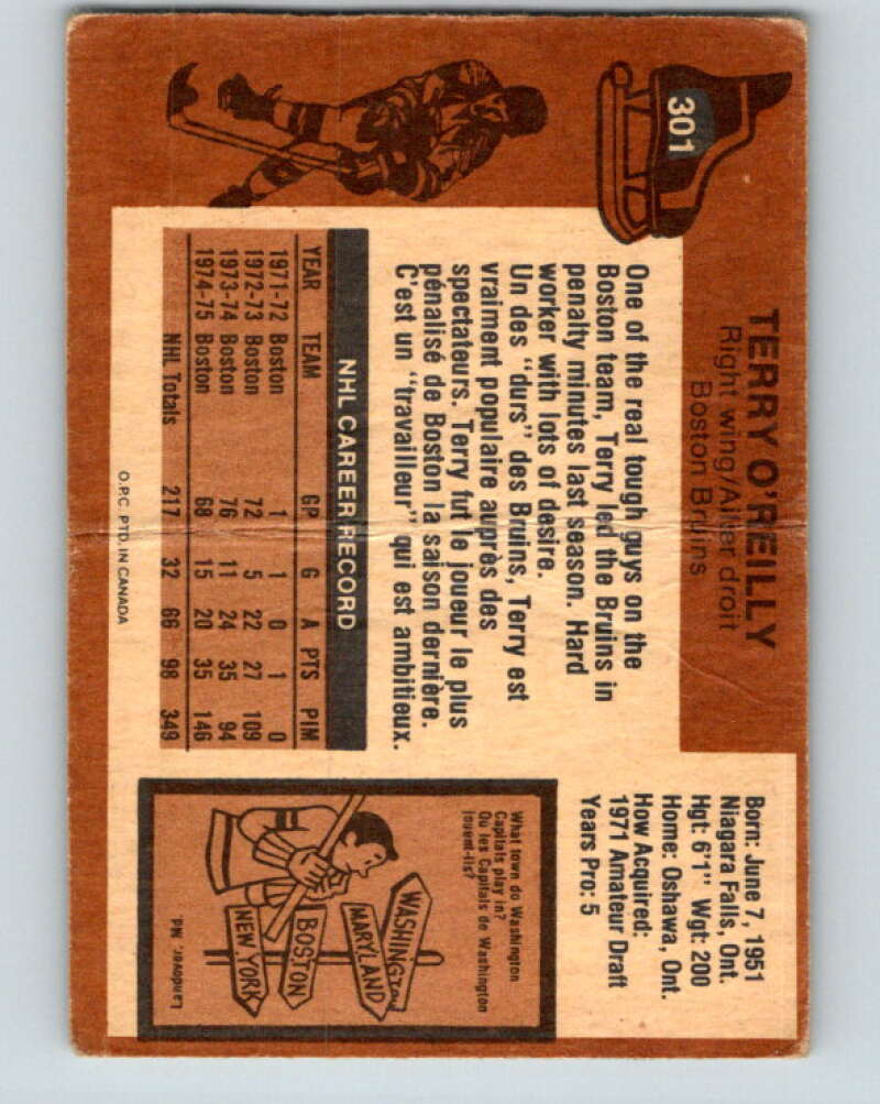 1975-76 O-Pee-Chee #301 Terry O'Reilly Boston Bruins V6532