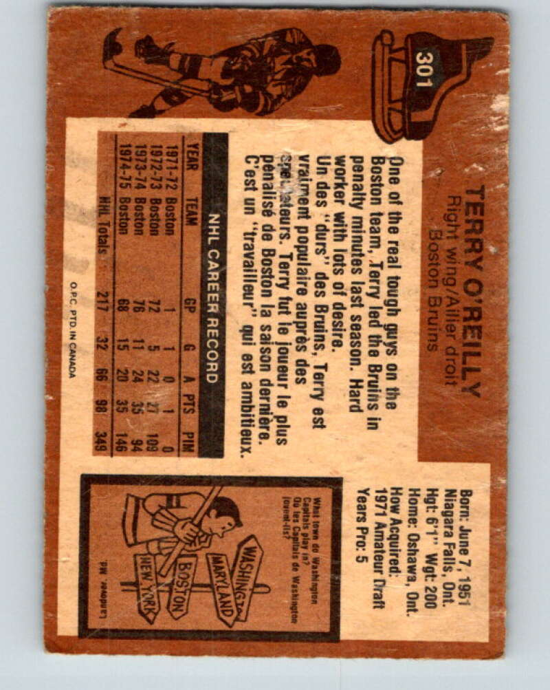 1975-76 O-Pee-Chee #301 Terry O'Reilly Boston Bruins V6533