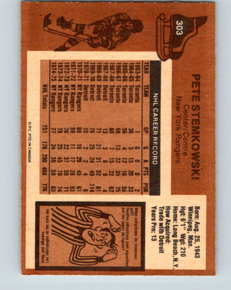 1975-76 O-Pee-Chee #303 Pete Stemkowski New York Rangers V6540