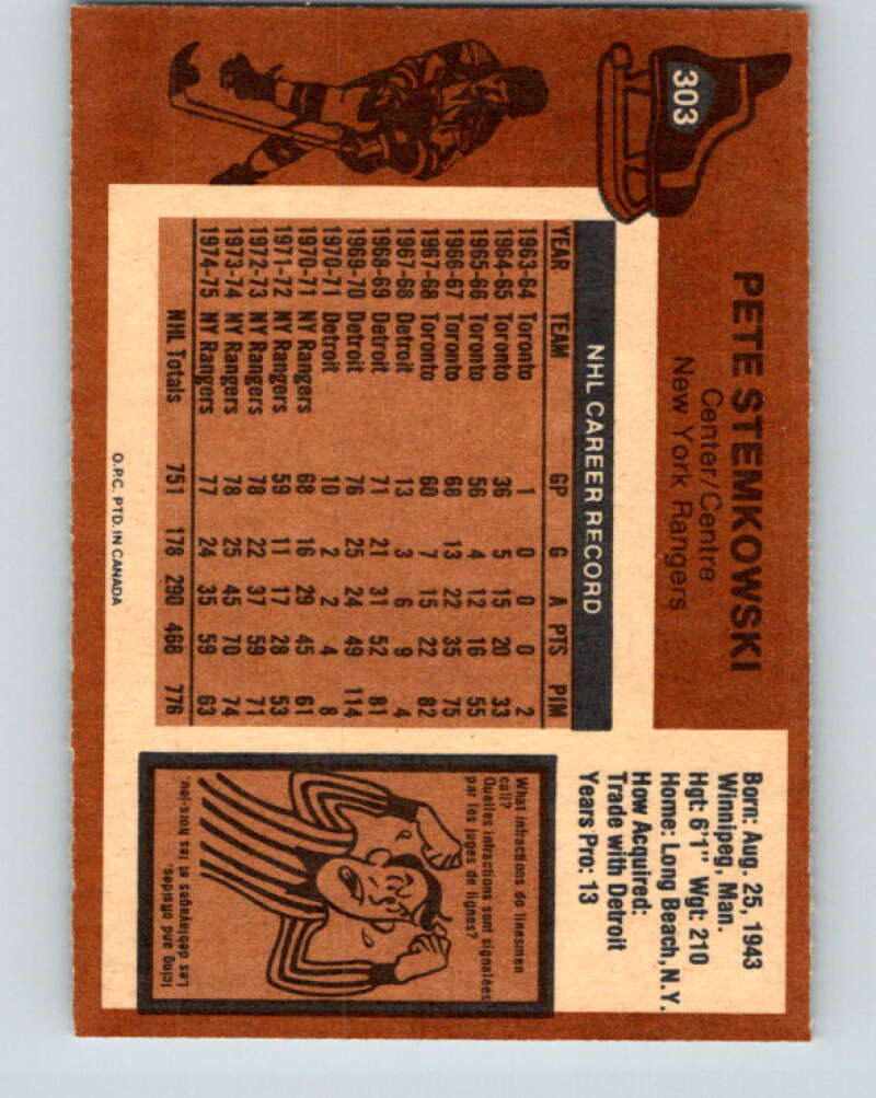 1975-76 O-Pee-Chee #303 Pete Stemkowski New York Rangers V6542