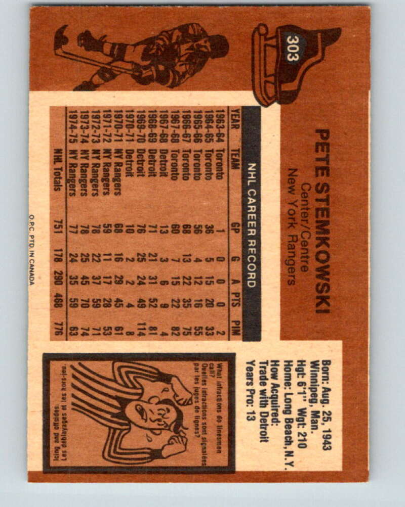1975-76 O-Pee-Chee #303 Pete Stemkowski New York Rangers V6544