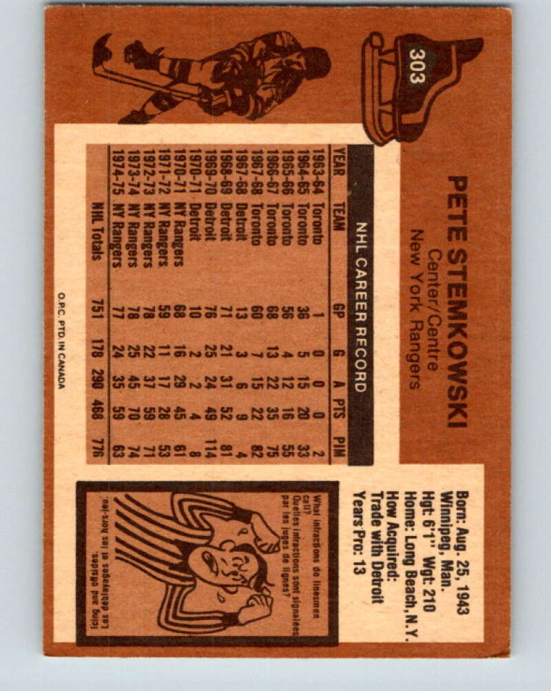 1975-76 O-Pee-Chee #303 Pete Stemkowski New York Rangers V6545