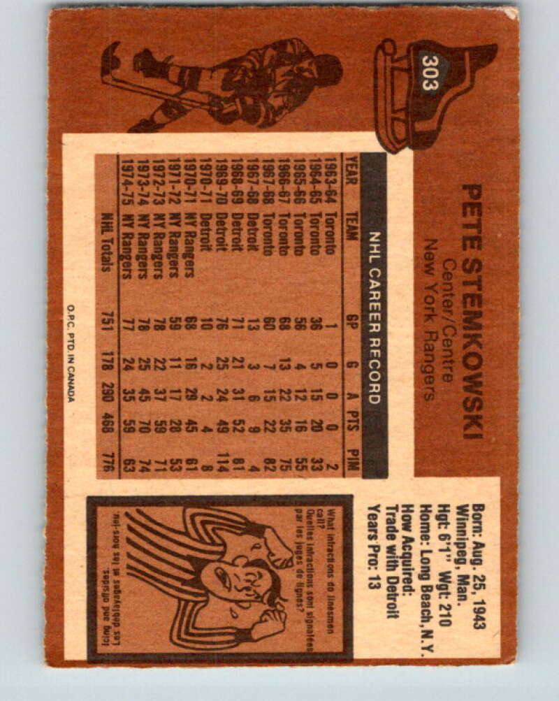 1975-76 O-Pee-Chee #303 Pete Stemkowski New York Rangers V6546