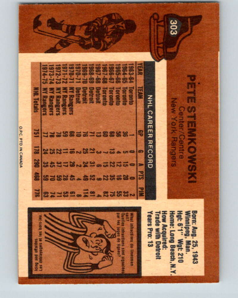 1975-76 O-Pee-Chee #303 Pete Stemkowski New York Rangers V6547