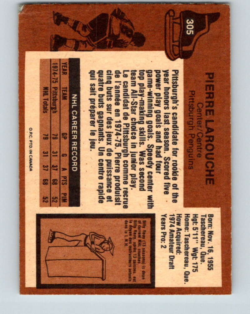 1975-76 O-Pee-Chee #305 Pierre Larouche RC Rookie Pittsburgh Penguins V6556