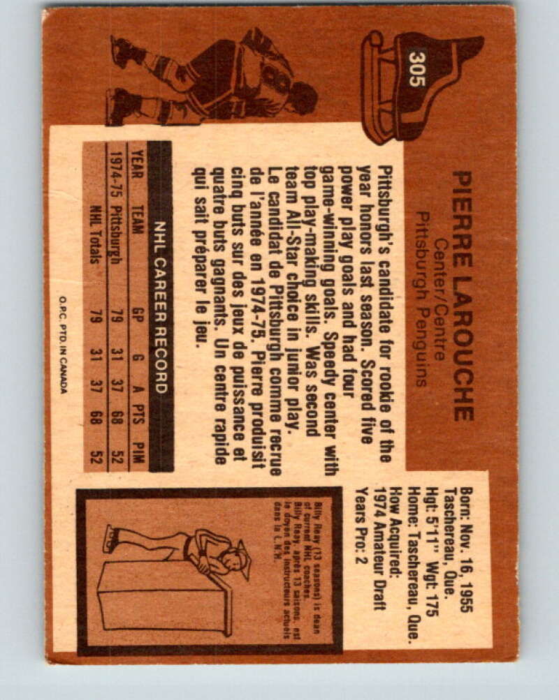 1975-76 O-Pee-Chee #305 Pierre Larouche RC Rookie Pittsburgh Penguins V6557