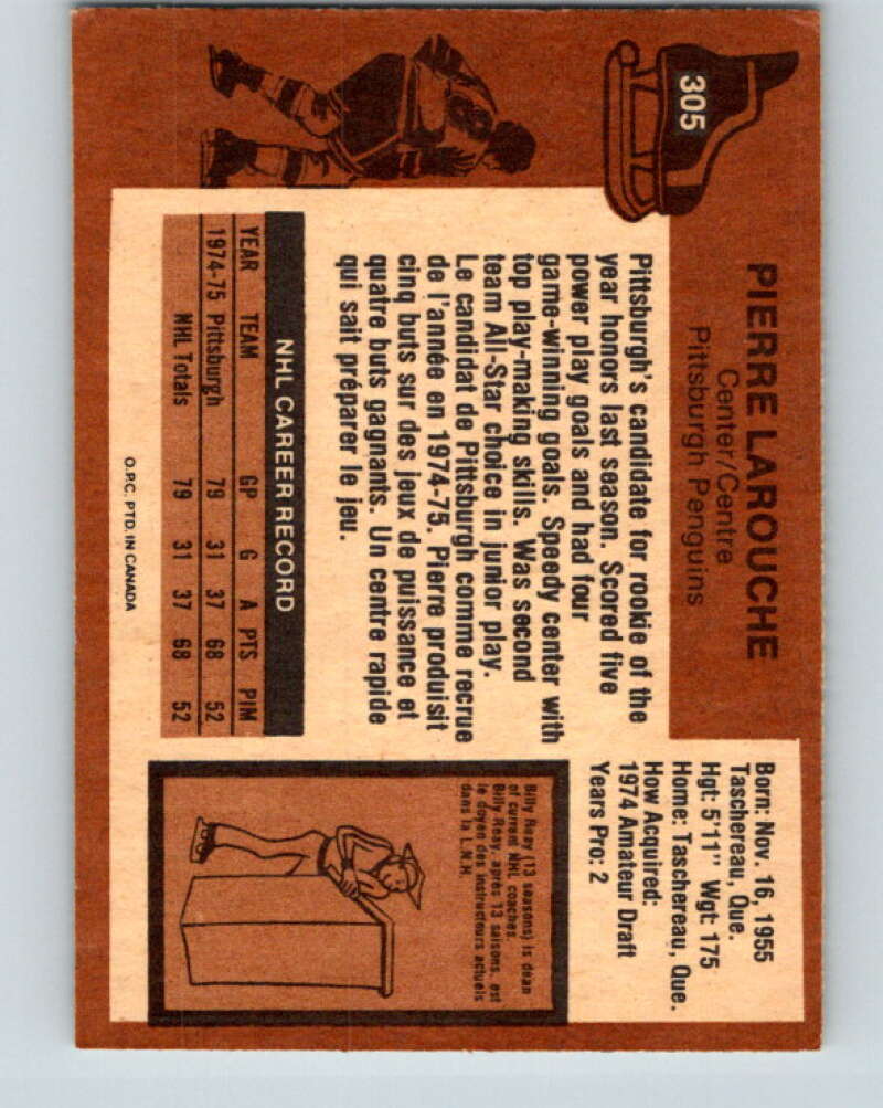 1975-76 O-Pee-Chee #305 Pierre Larouche RC Rookie Pittsburgh Penguins V6558
