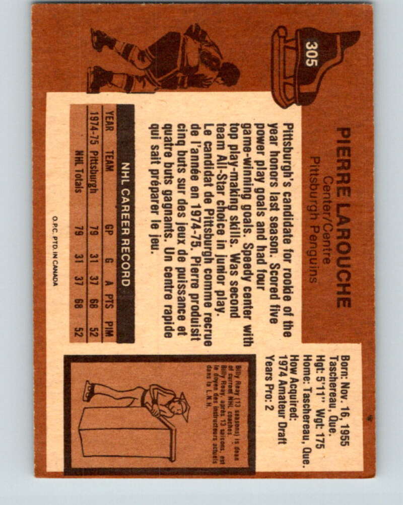 1975-76 O-Pee-Chee #305 Pierre Larouche RC Rookie Pittsburgh Penguins V6560