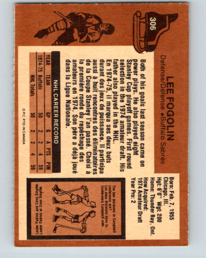 1975-76 O-Pee-Chee #306 Lee Fogolin RC Rookie Buffalo Sabres V6562