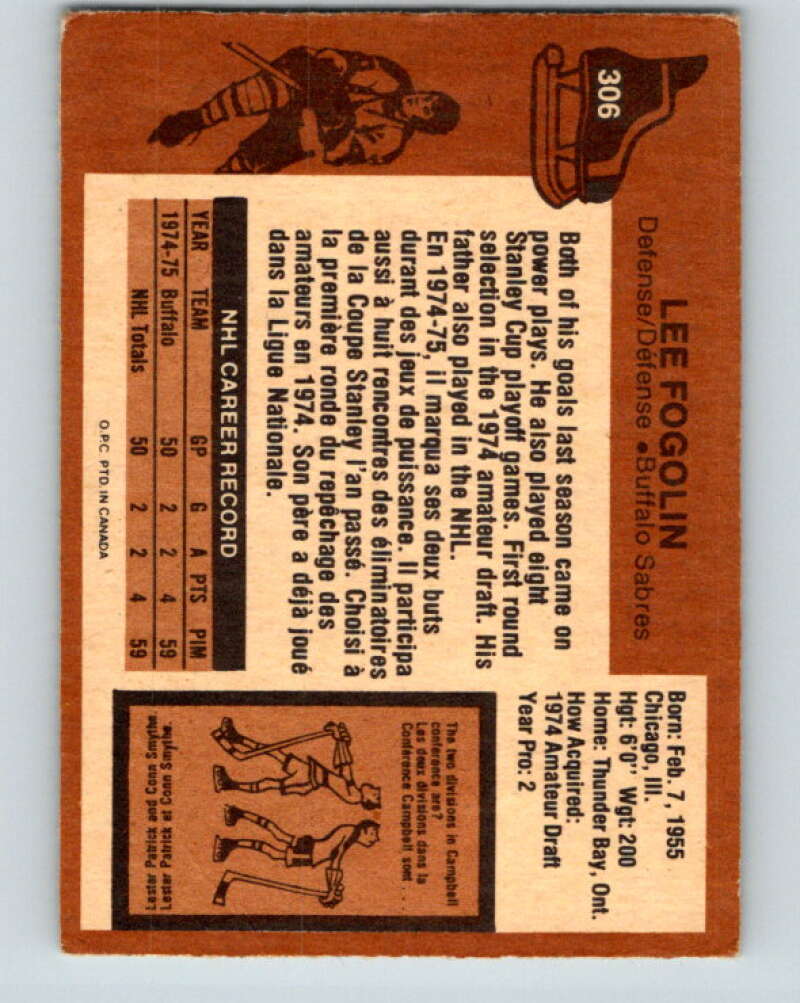 1975-76 O-Pee-Chee #306 Lee Fogolin RC Rookie Buffalo Sabres V6563