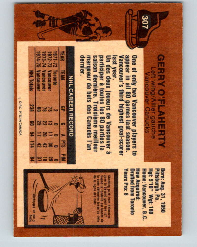 1975-76 O-Pee-Chee #307 Gerry O'Flaherty Vancouver Canucks V6565
