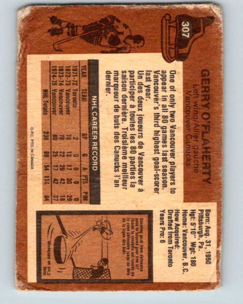 1975-76 O-Pee-Chee #307 Gerry O'Flaherty Vancouver Canucks V6566