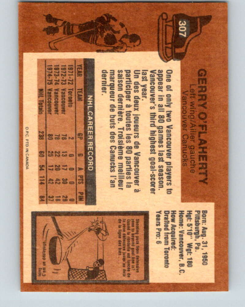 1975-76 O-Pee-Chee #307 Gerry O'Flaherty Vancouver Canucks V6567