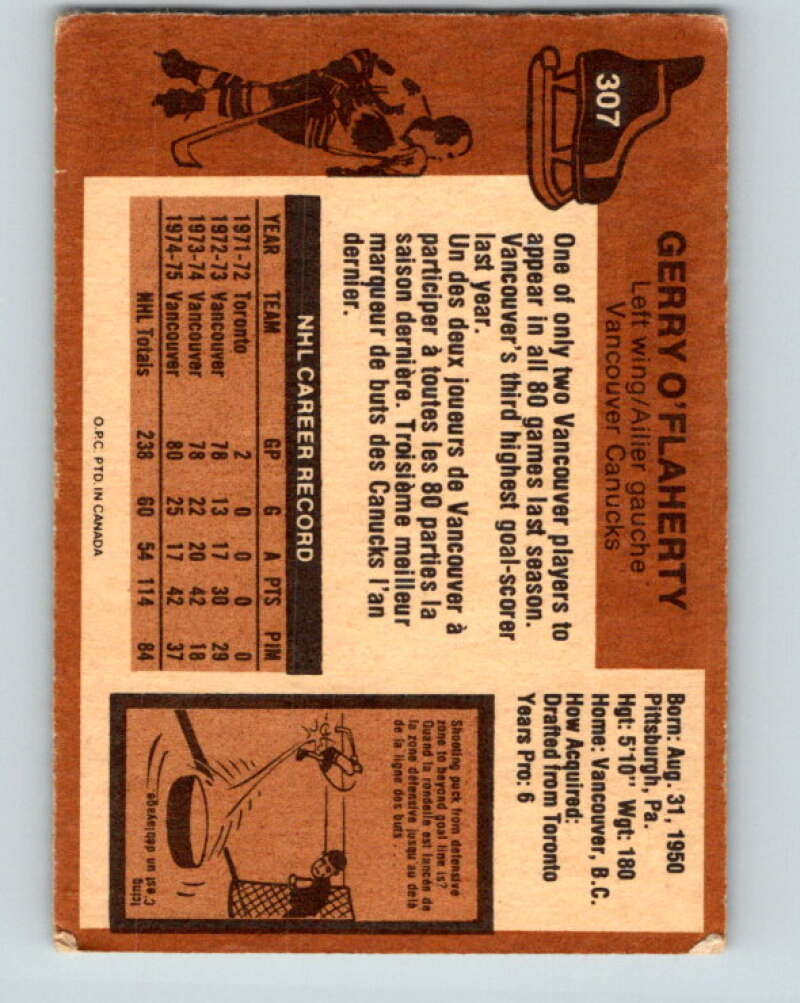 1975-76 O-Pee-Chee #307 Gerry O'Flaherty Vancouver Canucks V6569
