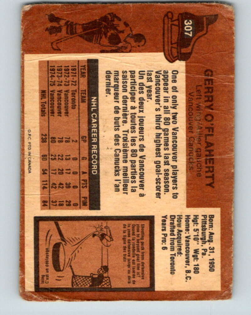 1975-76 O-Pee-Chee #307 Gerry O'Flaherty Vancouver Canucks V6570