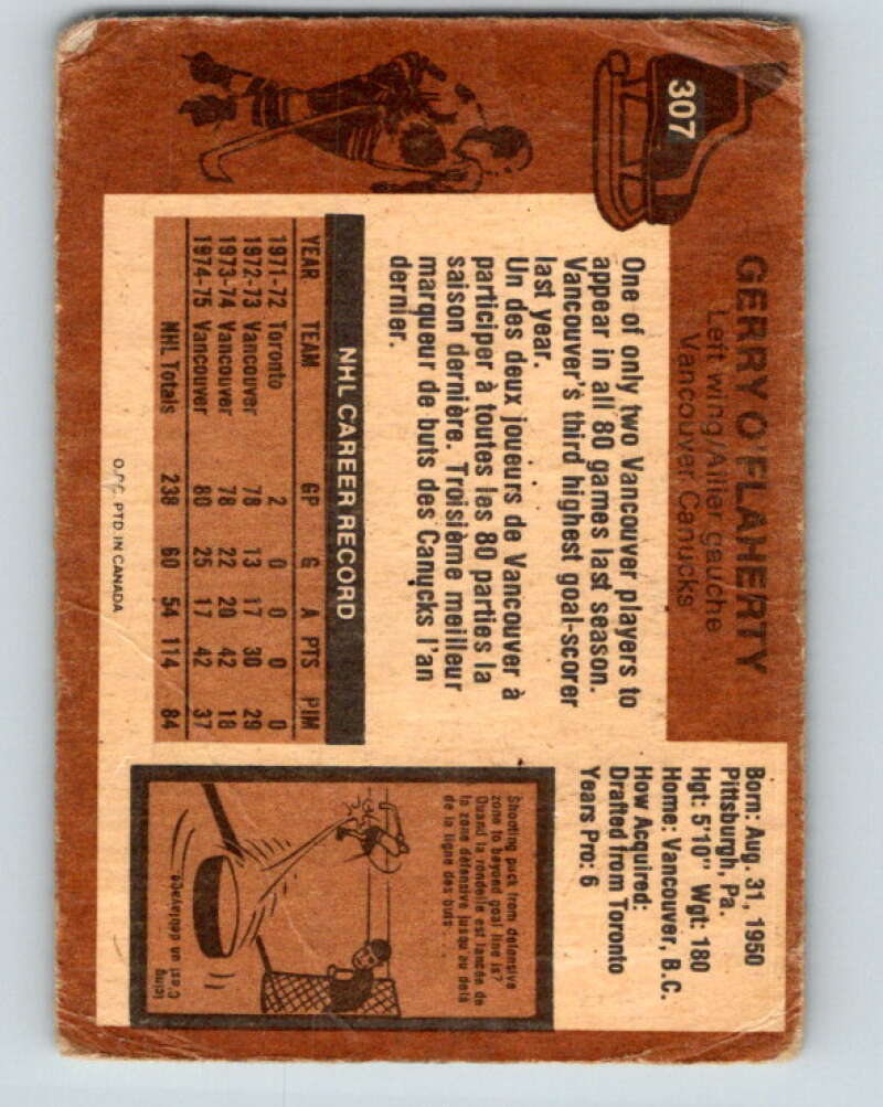 1975-76 O-Pee-Chee #307 Gerry O'Flaherty Vancouver Canucks V6571