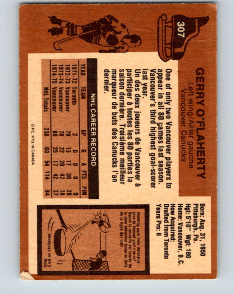 1975-76 O-Pee-Chee #307 Gerry O'Flaherty Vancouver Canucks V6572