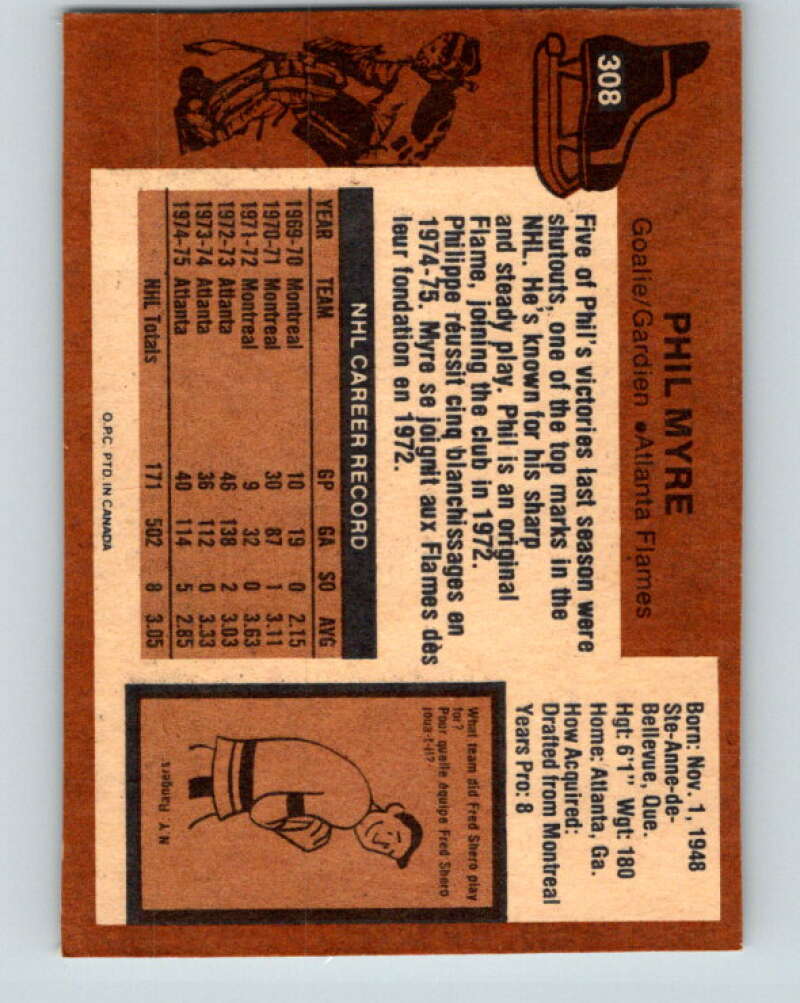 1975-76 O-Pee-Chee #308 Phil Myre Atlanta Flames V6573
