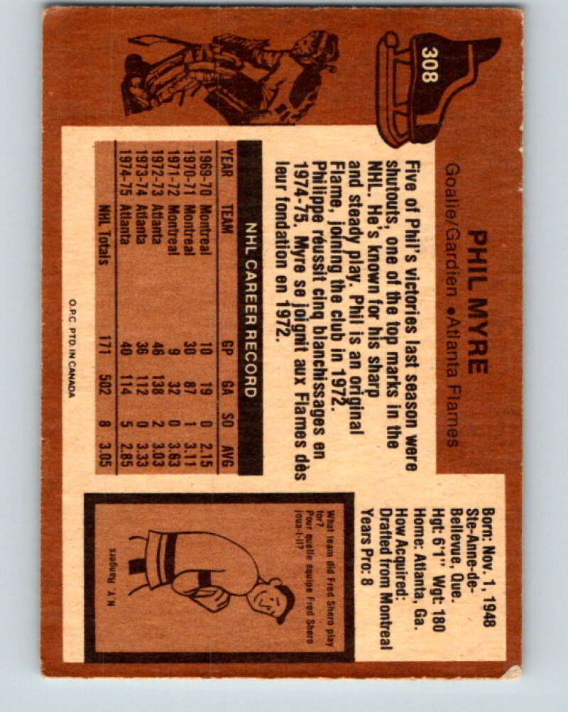1975-76 O-Pee-Chee #308 Phil Myre Atlanta Flames V6575