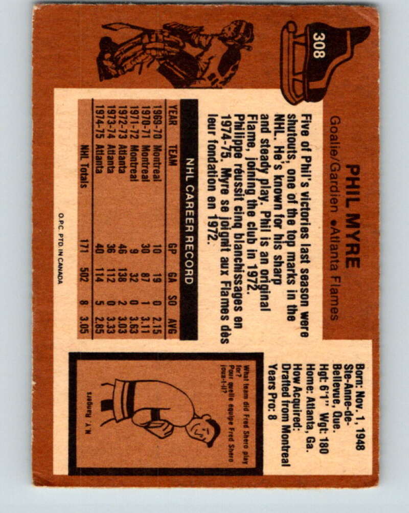 1975-76 O-Pee-Chee #308 Phil Myre Atlanta Flames V6577