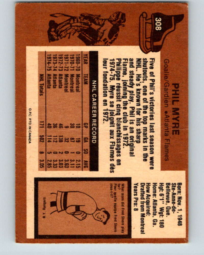 1975-76 O-Pee-Chee #308 Phil Myre Atlanta Flames V6578