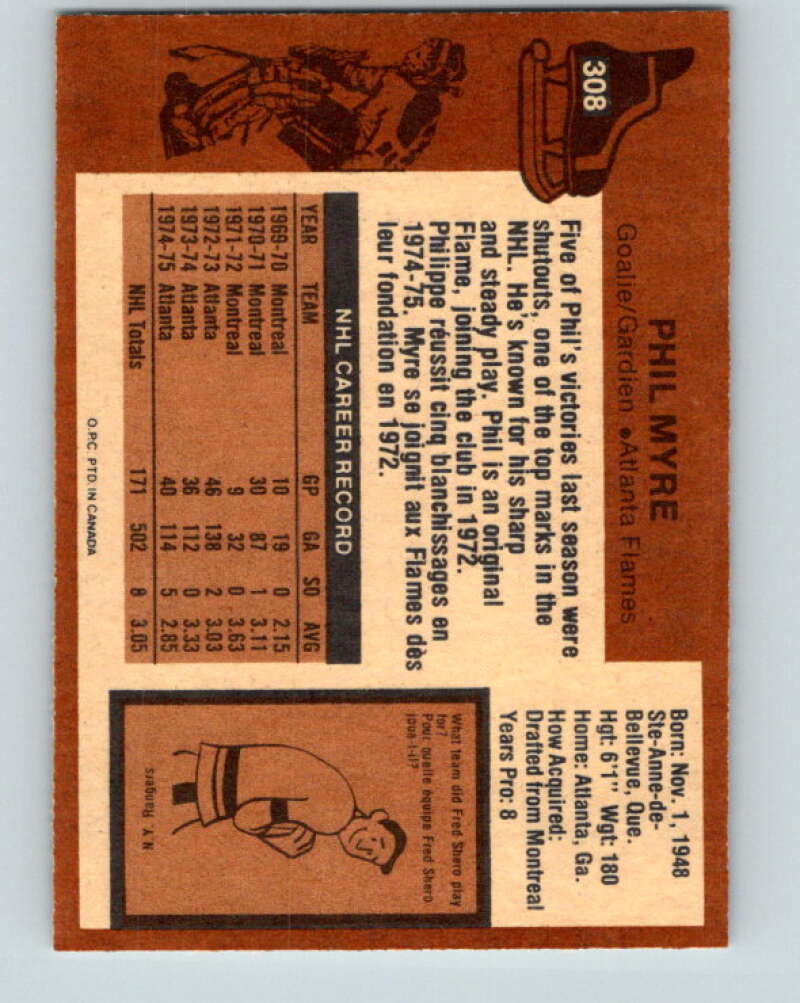 1975-76 O-Pee-Chee #308 Phil Myre Atlanta Flames V6579