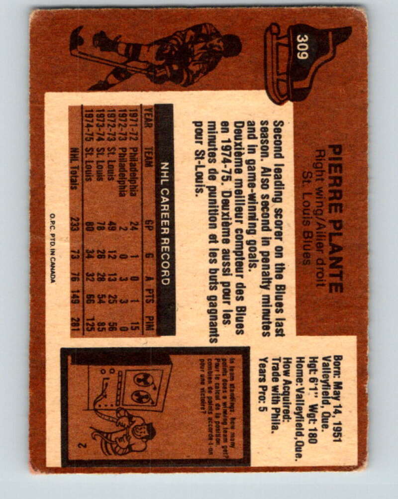 1975-76 O-Pee-Chee #309 Pierre Plante St. Louis Blues V6580