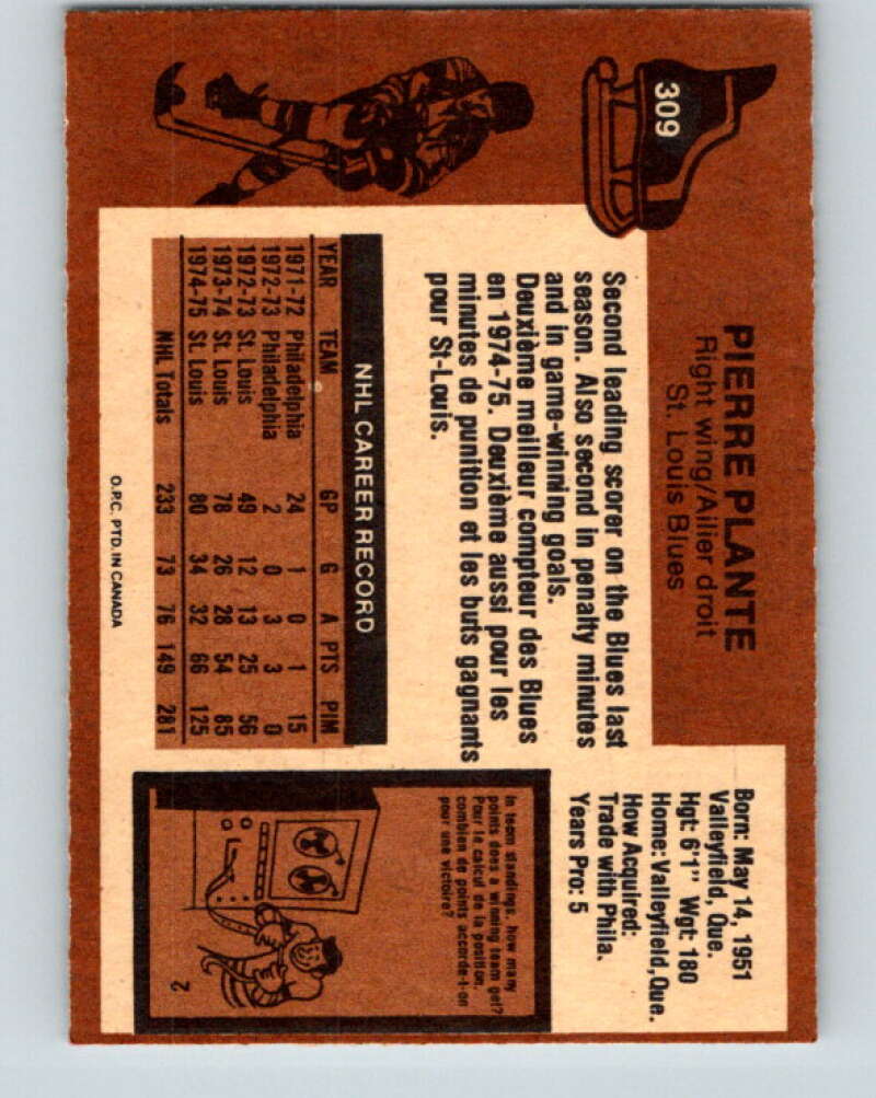 1975-76 O-Pee-Chee #309 Pierre Plante St. Louis Blues V6581