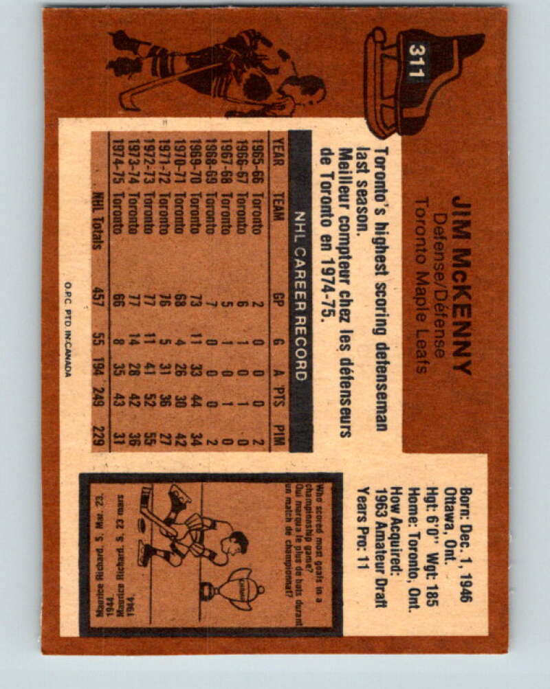 1975-76 O-Pee-Chee #311 Jim McKenny Toronto Maple Leafs V6587