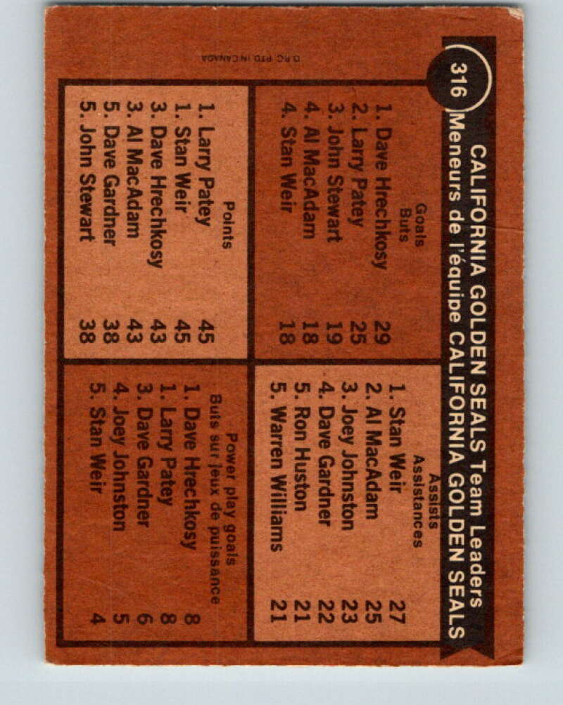 1975-76 O-Pee-Chee #316 Stan Weir TL California Golden Seals V6618