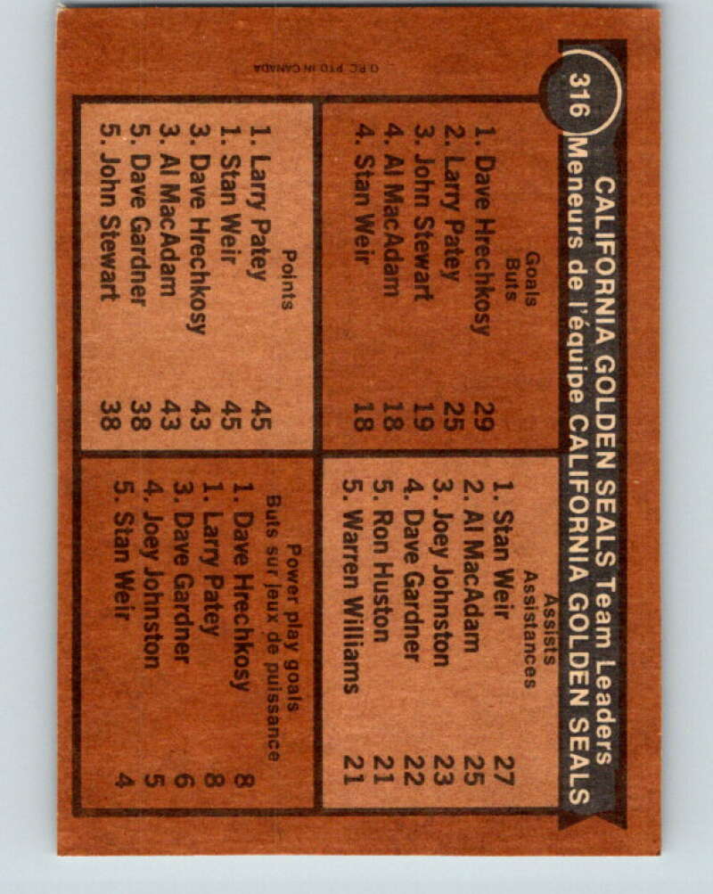 1975-76 O-Pee-Chee #316 Stan Weir TL California Golden Seals V6620